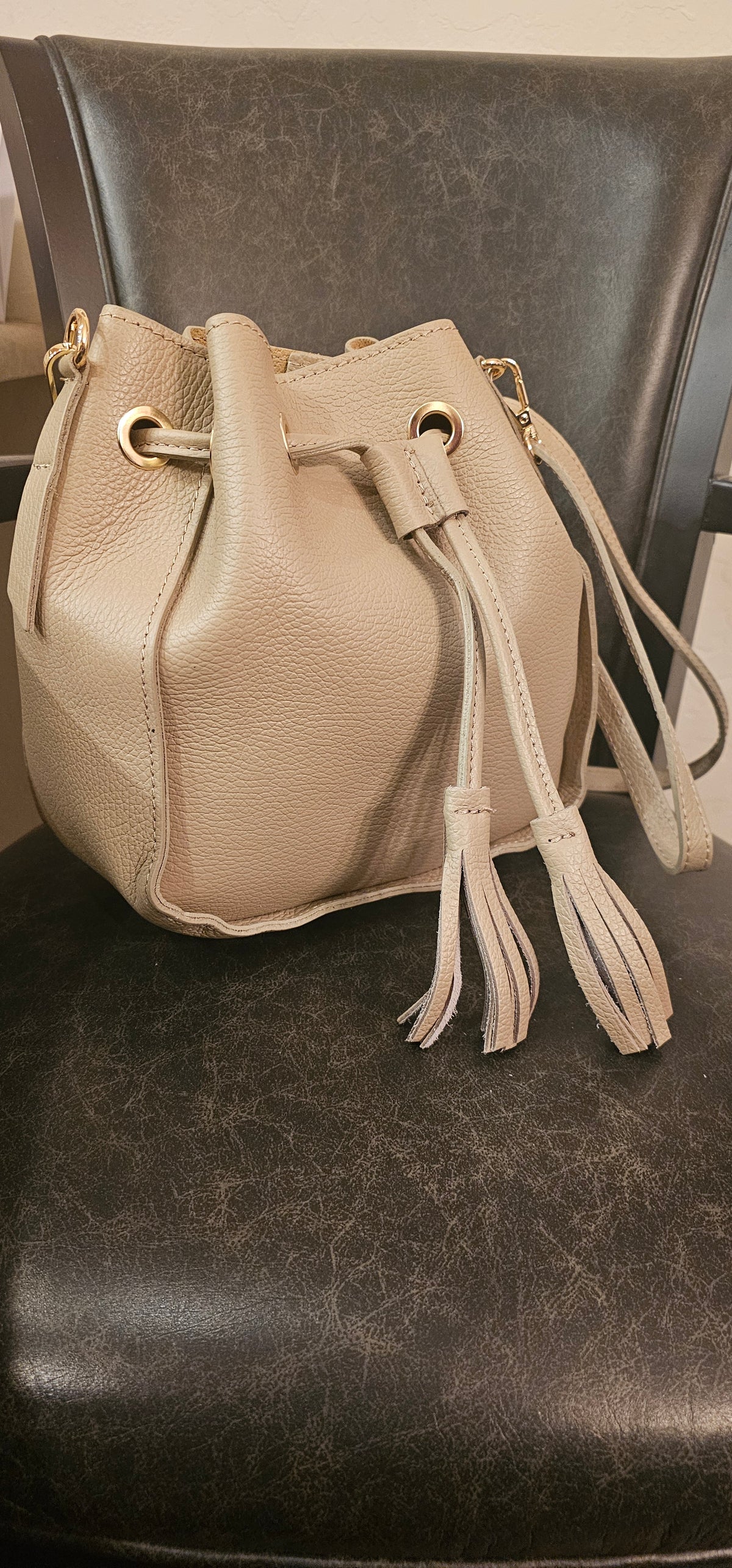 Bella Genuine Leather Bucket Bag – Taupe