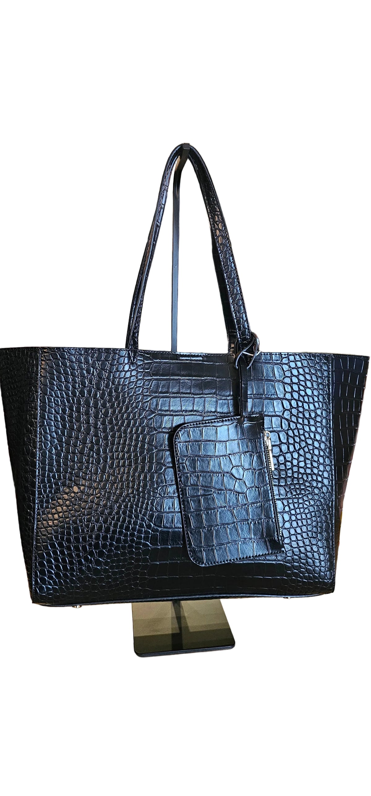 Tiffany Vegan Leather Croc Embossed Tote Bag – Black