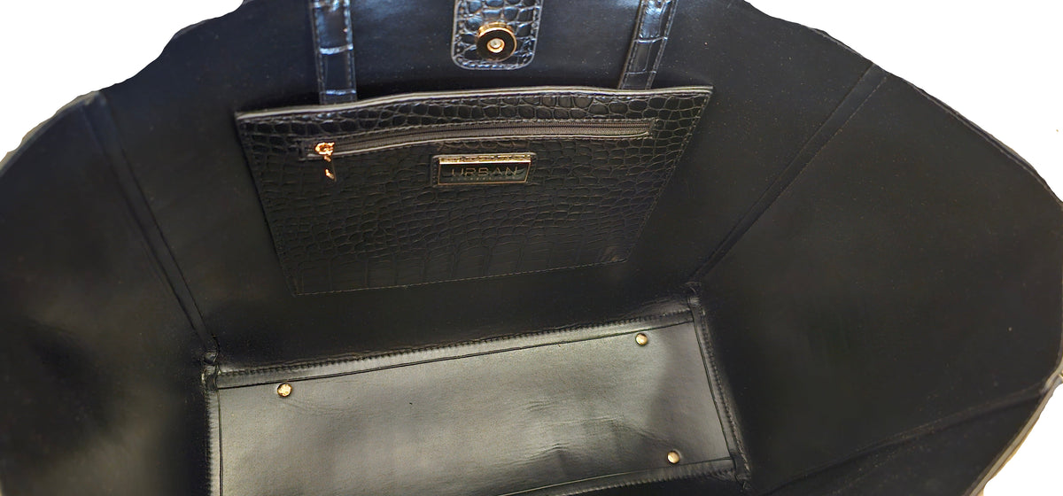 Tiffany Vegan Leather Croc Embossed Tote Bag – Black