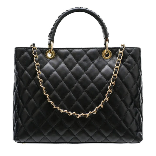 Malefica Genuine Quilted Leather with Woven Handles Tote – Black