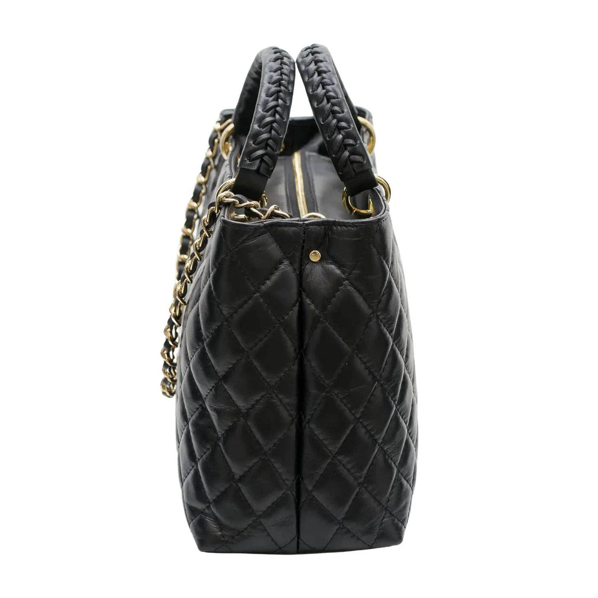 Malefica Genuine Quilted Leather with Woven Handles Tote – Black