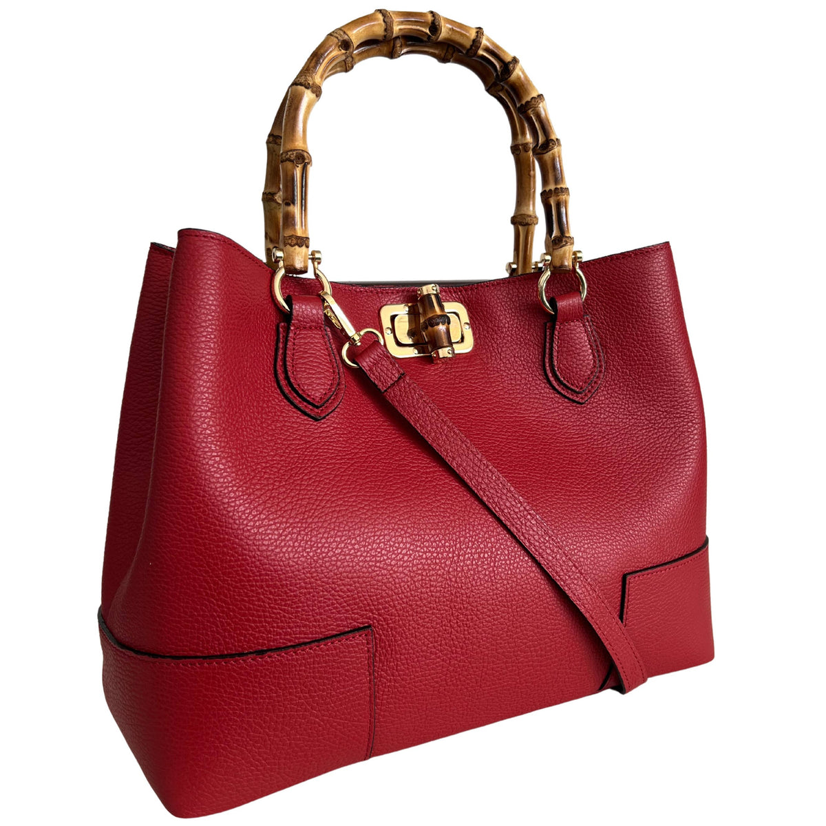 Isabella Genuine Leather Bamboo Top  Handle Bag – Rosso