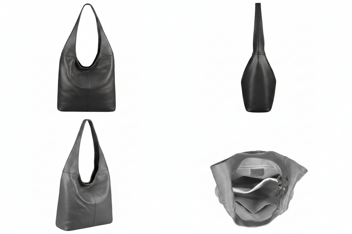 Simona Italian Hammered Leather Hobo Shoulder Bag – Black