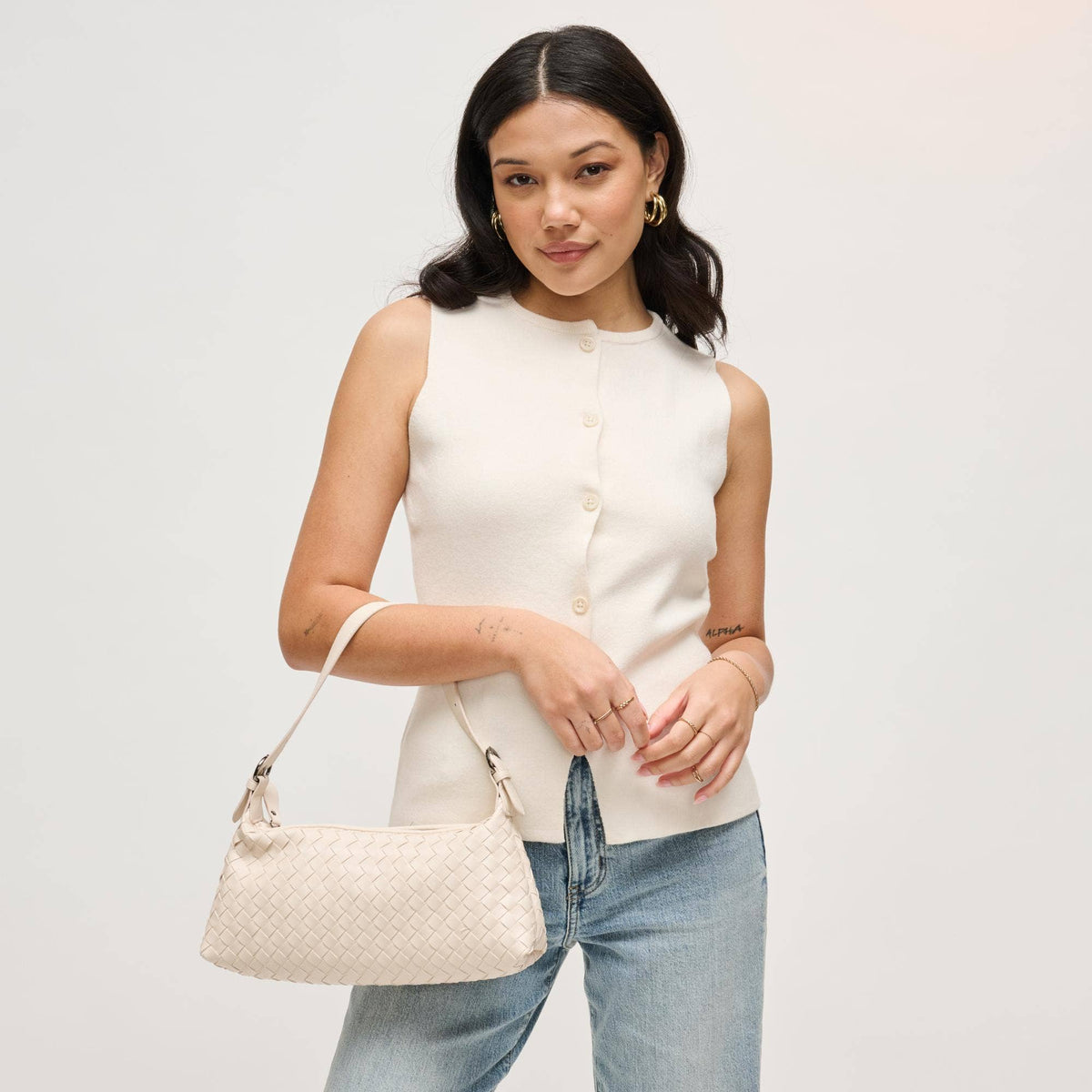 Audrey Vegan Leather Interwoven Shoulder Bag – Oatmilk