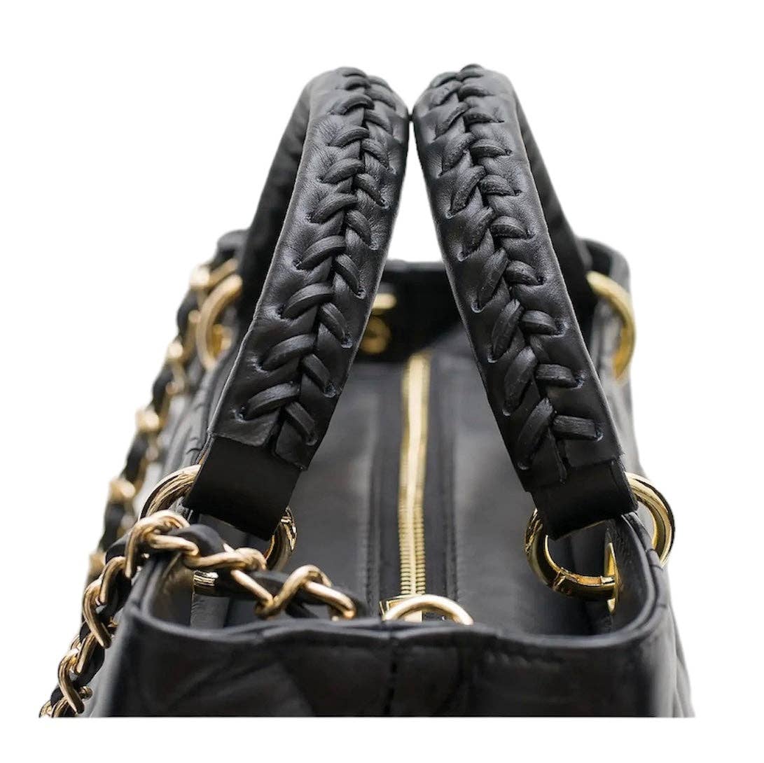 Malefica Genuine Quilted Leather with Woven Handles Tote – Black